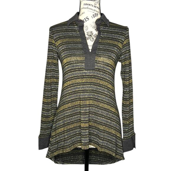 Laila Jayde (XS) Shimmer Stripe Collar Long Sleeve High Low Metallic Knit Top - Picture 1 of 9